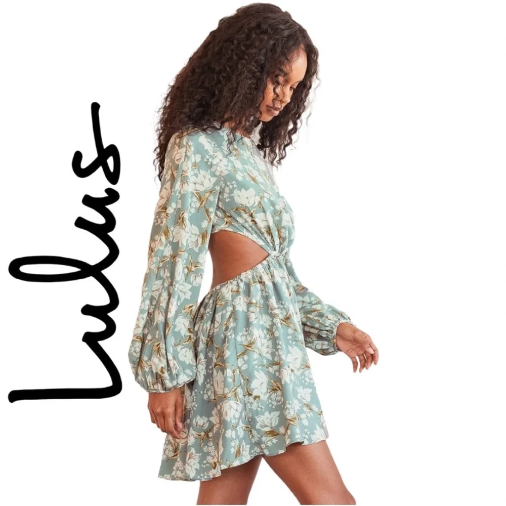 NWT Lulus First Blooms Dusty Blue Floral Print Long Sleeve Cutout Dress XL Mini - Picture 4 of 11